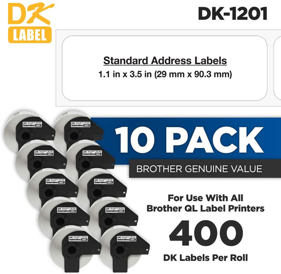 Brother DK-1201 Standard Address White Paper Labels (10) Pack- (400 Labels/Pkg)