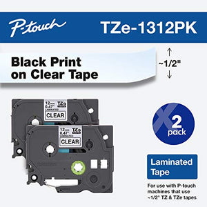 Brother Genuine P-touch TZE-1312PK Tape, 1/2" (0.47") Standard Laminated P-touch Tape, Black on Clear, Perfect for Indoor or Outdoor Use, Water Resistant, 26.2 Feet (8M), Two-Pack