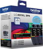 Brother Genuine LC401XL 3PK High Yield 3-Pack Color Ink Cartridges Includes 1- Cartridge Each of Cyan, Magenta and Yellow Ink.