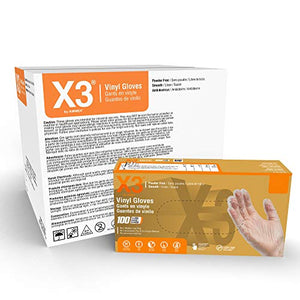X3 Clear Vinyl Disposable Industrial Gloves, 3 Mil, Latex & Powder-Free, Food-Safe, Non-Sterile, Smooth, Small, Case of 1000