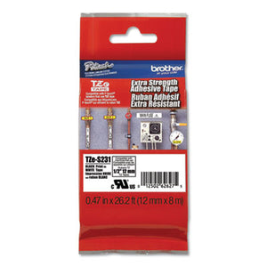 Brother TZES231 1/2" Extra Strength Super Adhesive Black on White Industrial Tape
