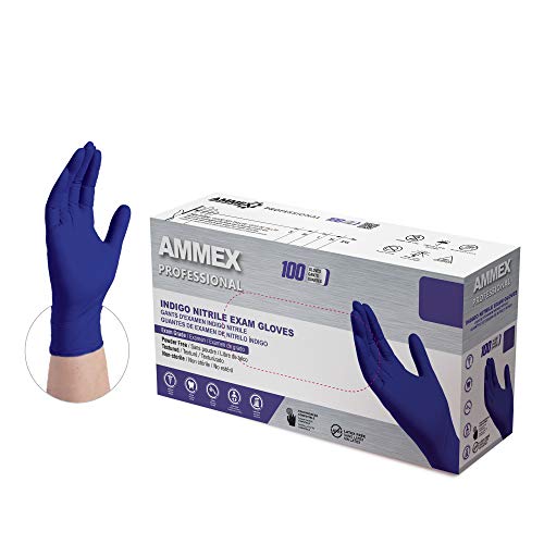 AMMEX Indigo Nitrile Disposable Exam Gloves, 3 Mil, Latex & Powder Free, Food-Safe, Textured, Non-Sterile, Medium, Box of 100