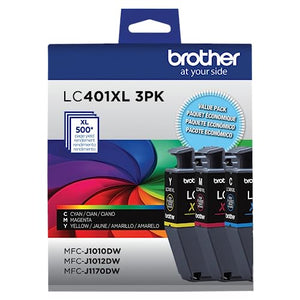 Brother Genuine LC401XL 3PK High Yield 3-Pack Color Ink Cartridges Includes 1- Cartridge Each of Cyan, Magenta and Yellow Ink.