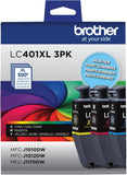 Brother Genuine LC401XL 3PK High Yield 3-Pack Color Ink Cartridges Includes 1- Cartridge Each of Cyan, Magenta and Yellow Ink.