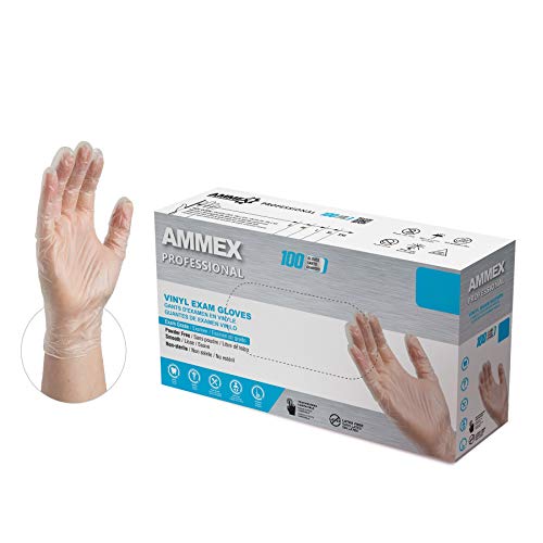 AMMEX Clear Vinyl Disposable Exam/Medical Gloves, 3 Mil, Latex/Powder-Free, Food-Safe, Smooth, Non-Sterile, Medium Box of 100