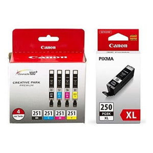 Canon PGI-250XL Black High Yield and CLI-251 B/C/M/Y Black & Color Ink Cartridges (6432B011), Combo 5/Pack
