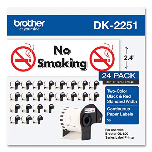 Brother Genuine DK-225124PK Continuous Length Replacement Labels, Black/Red Label on White Paper Tape, Engineered with Excellence, 2.4” x 50 feet, (24) Rolls per Box (DK225124PK)