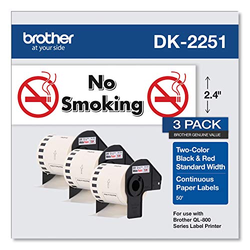 Brother Genuine DK22513PK Continuous Length Replacement Labels, Black/Red Label on White Paper Tape, Engineered with Excellence, 2.4” x 50 feet, (3) Rolls per Box (DK22513PK)