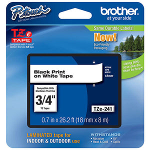 Brother TZE241 P-Touch Label Tape 18mm (3/4") Black on White Laminated Tape (8m/26.2')