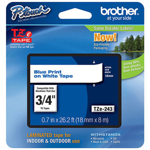 Brother TZE243 Standard Adhesive Laminated Labeling Tape, 3/4-Inch w, Blue on White