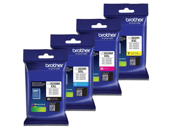 Brother LC3029 Extra High Yield Ink Cartridge Set. Includes (1) LC3029BK, (1) LC3029C, (1) LC3029M, (1) LC3029Y