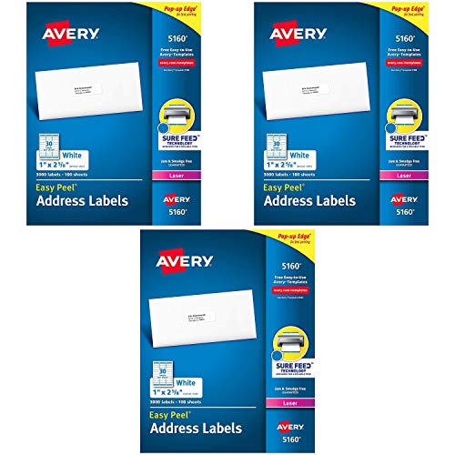 Avery 5160 Easy Peel Address Labels, White, 1 x 2-5/8 Inch, 3,000 Ct-Pack of 3