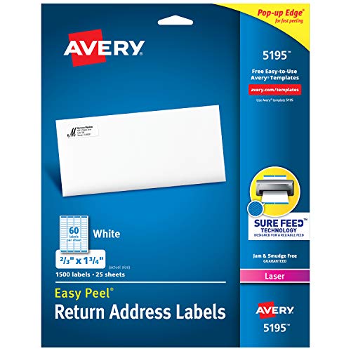 AVERY Return Address Labels, Laser Printers, 1,500 Labels, 2/3 x 1-3/4, Permanent Adhesive, 5 Packs (5195)