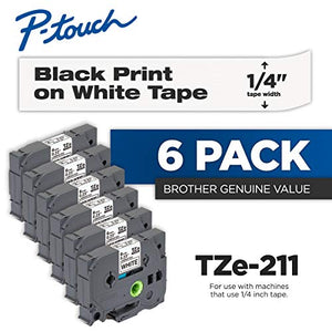 Brother Genuine P-Touch 6-Pack TZe-211 Laminated Tape, Black Print on White Standard Adhesive Laminated Tape for P-Touch Label Makers, Each Roll is 0.23"/6mm (1/4") Wide, 26.2 (8M) Long